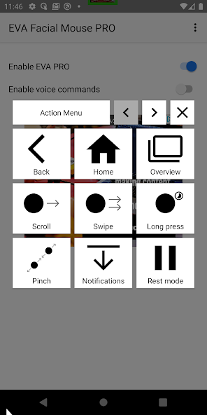 Screenshot of the Action Menu in EVA Facial Mouse Pro. Photo courtesy of Google Play Store listing.