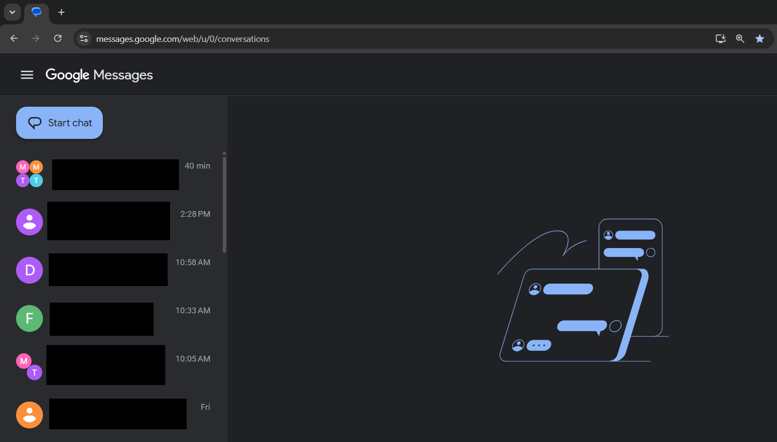 Screenshot of Google Messages for Web open on my computer.