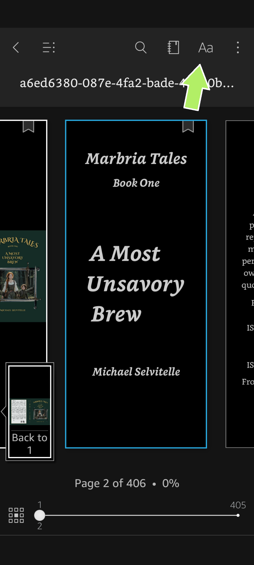 Screenshot highlighting button to open reading setting menu in the Kindle app