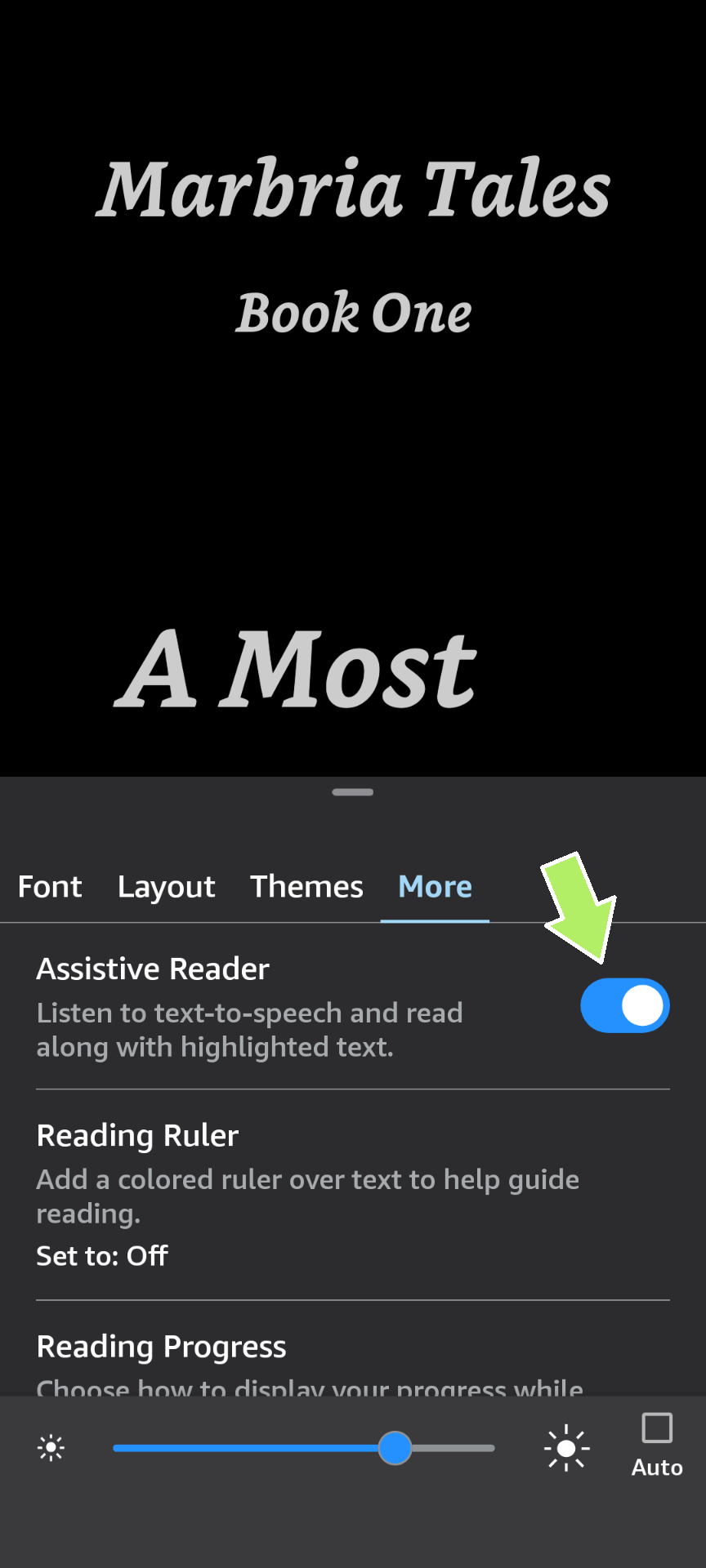 Screenshot highlighting button to toggle Assistive Reader on/off in the Kindle app