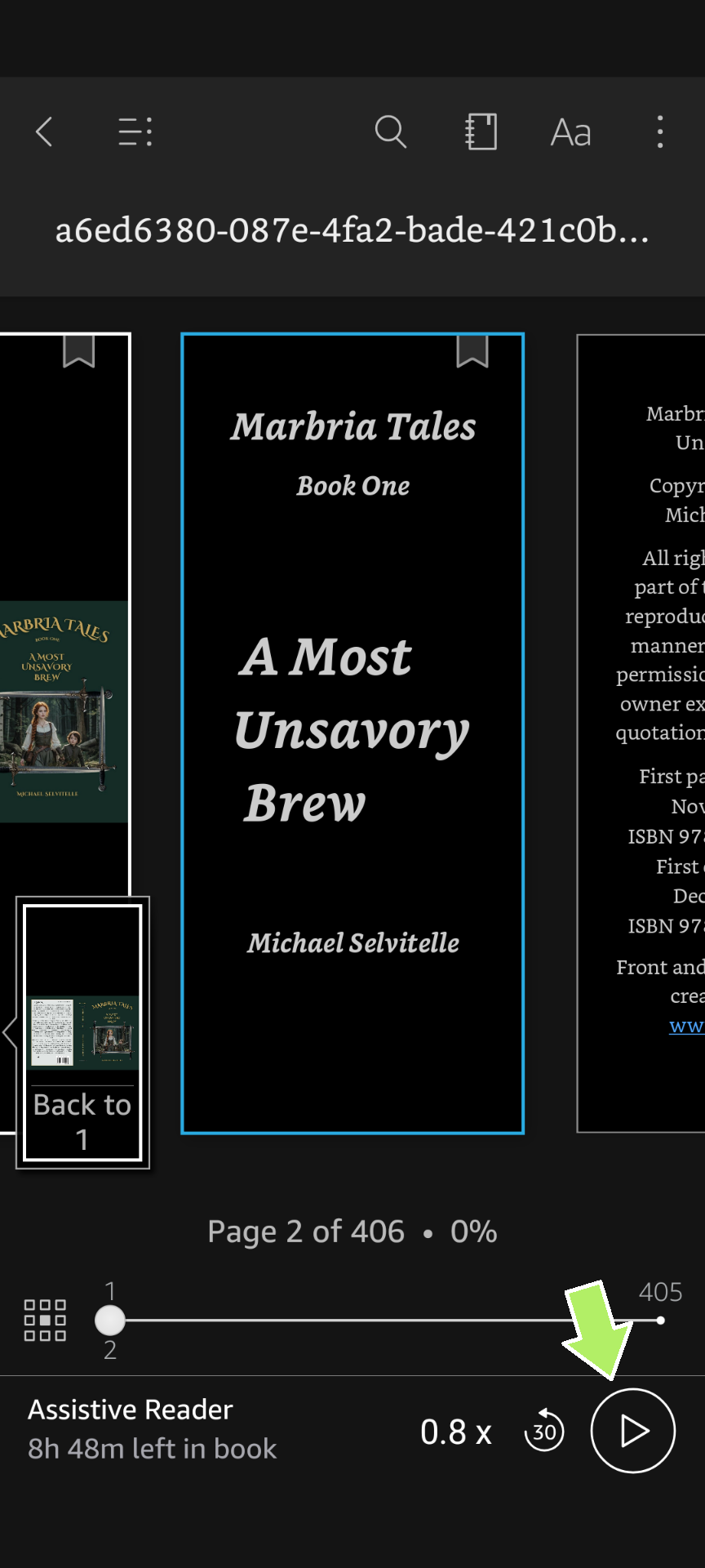 Screenshot highlighting play button to listen to the book with the Assistive Reader in the Kindle app