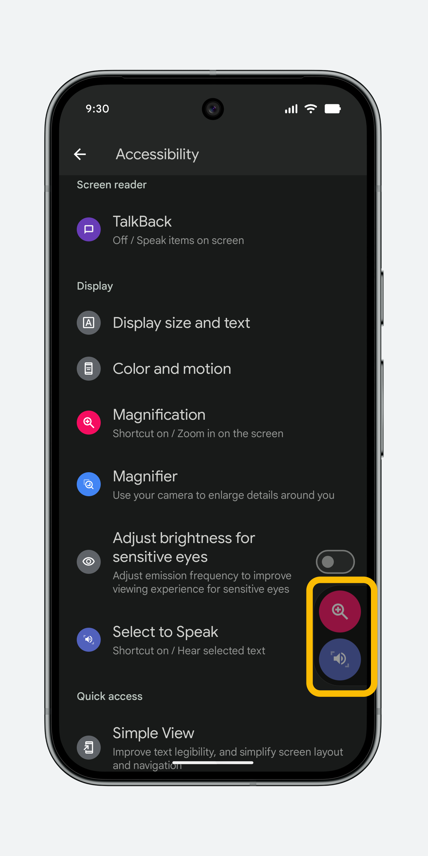 Screenshot of Accessibility Shortcuts courtesy of Google Guidebook on Accessibility Shortcuts.