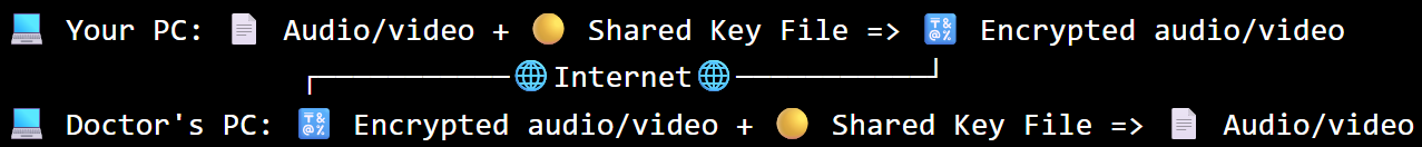 Diagram showing audio and video data encrypted with the shared key being exchanged between you and your doctor